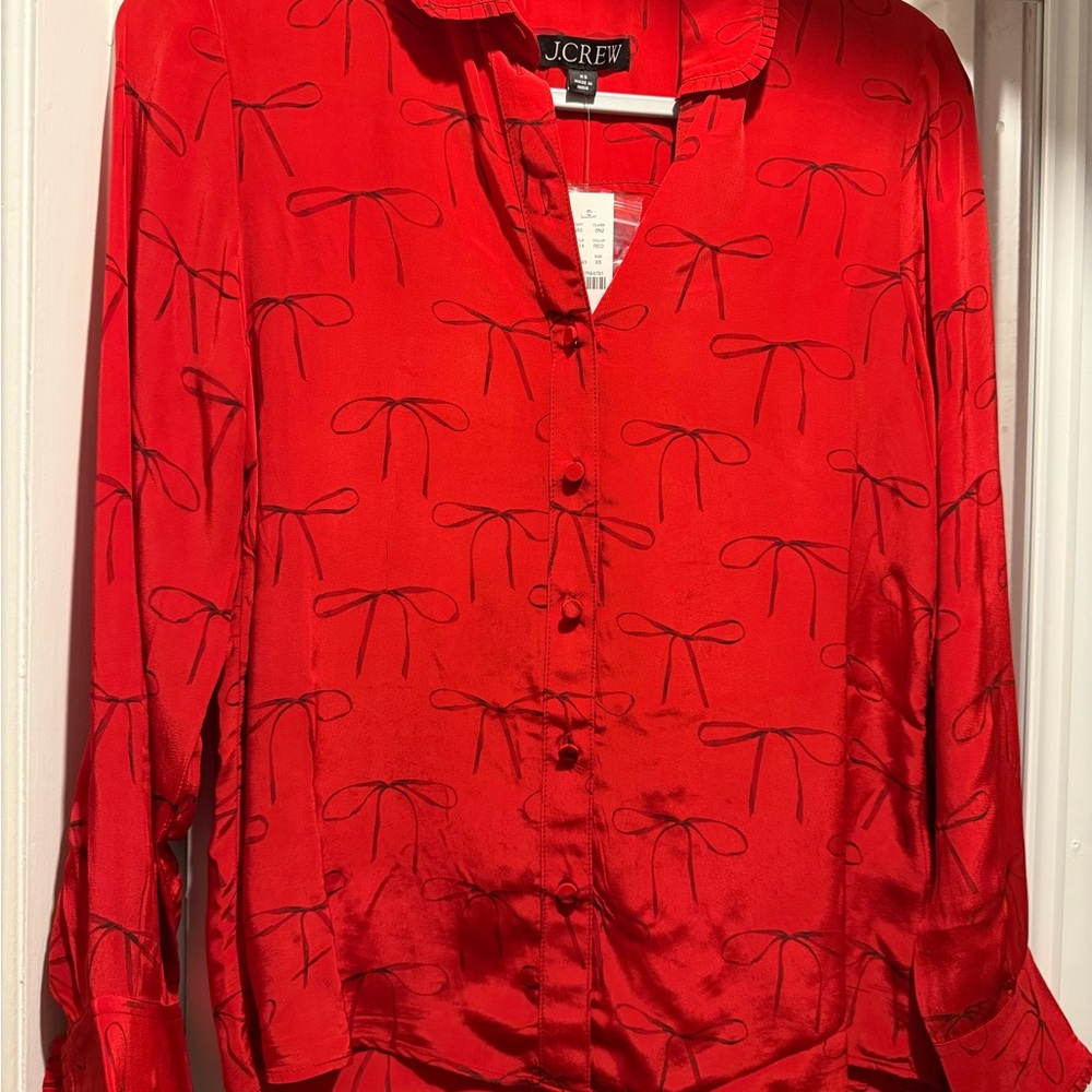 J. Crew Vibrant Red Bow Pattern Blouse